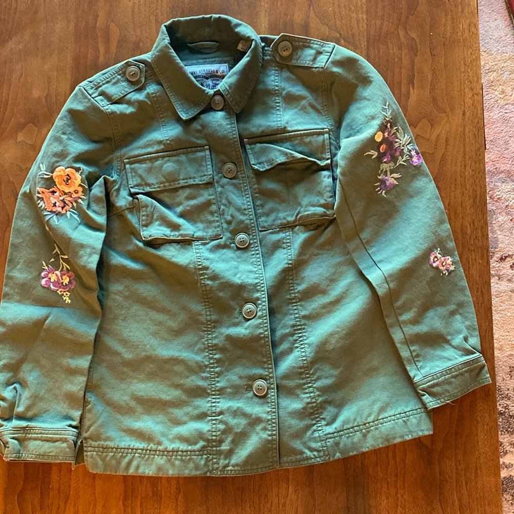 Denim Levi jacket flower embroidered sleeves, button-down olive green